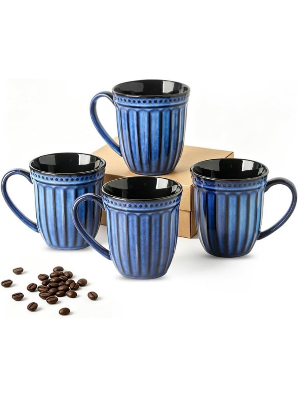 Set of 4 Ceramic Coffee Mugs, 16oz Vertical Stripe Design, Stylish Handle